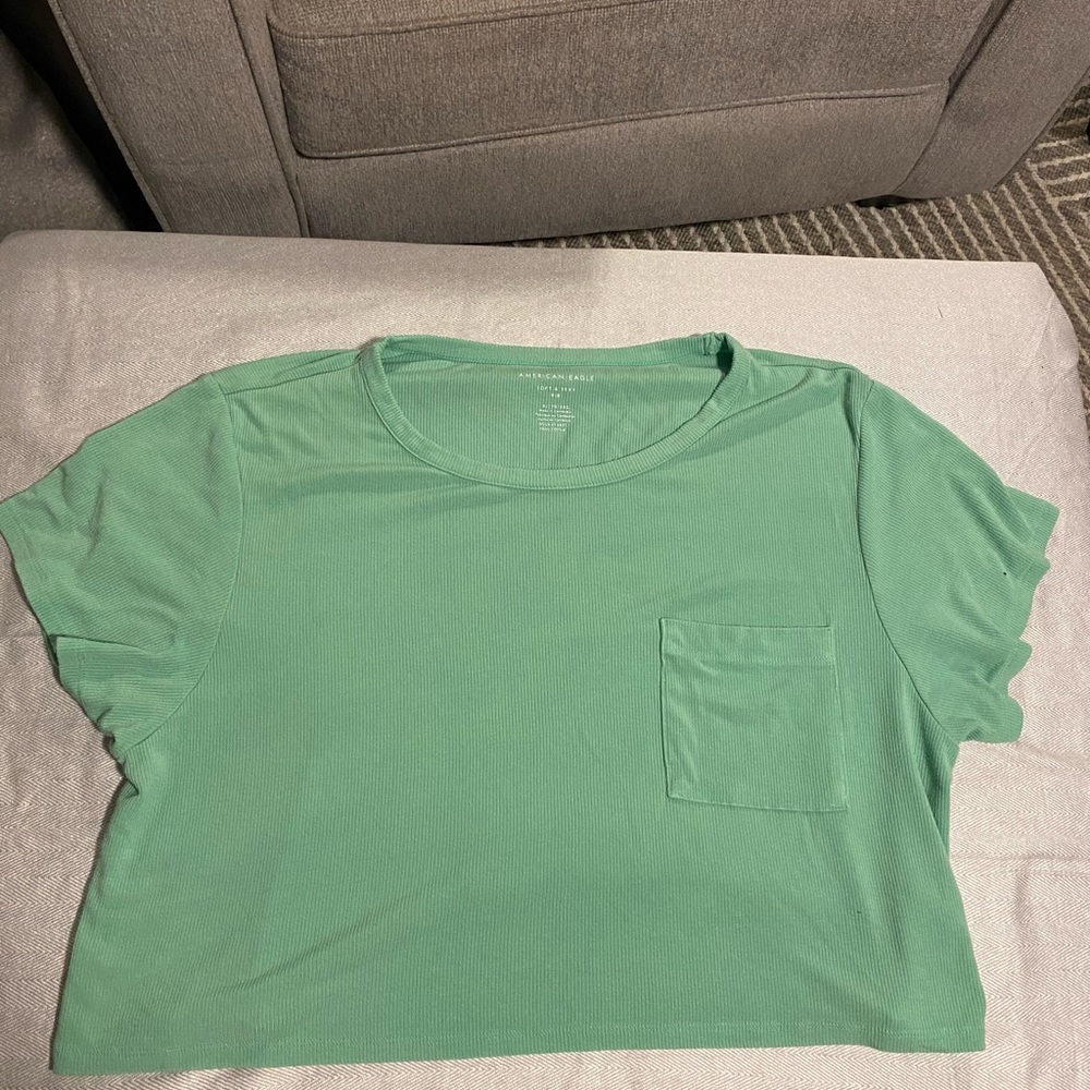 American Eagle Outfitters Soft & Sexy Ribbed Green Cropped Pocket Tee